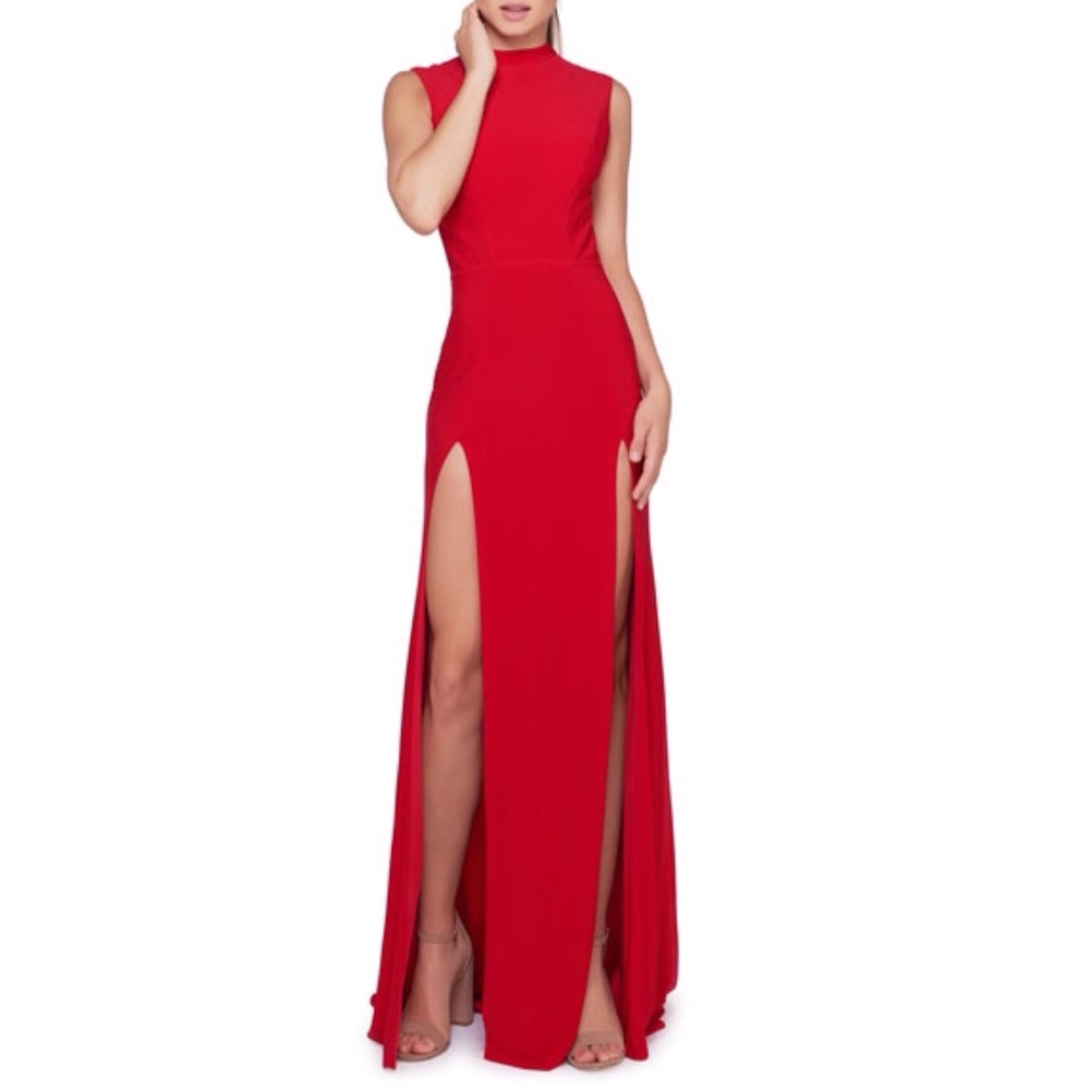 Mac Duggal Red High-Neck Prom Gown with Double Thigh Slits